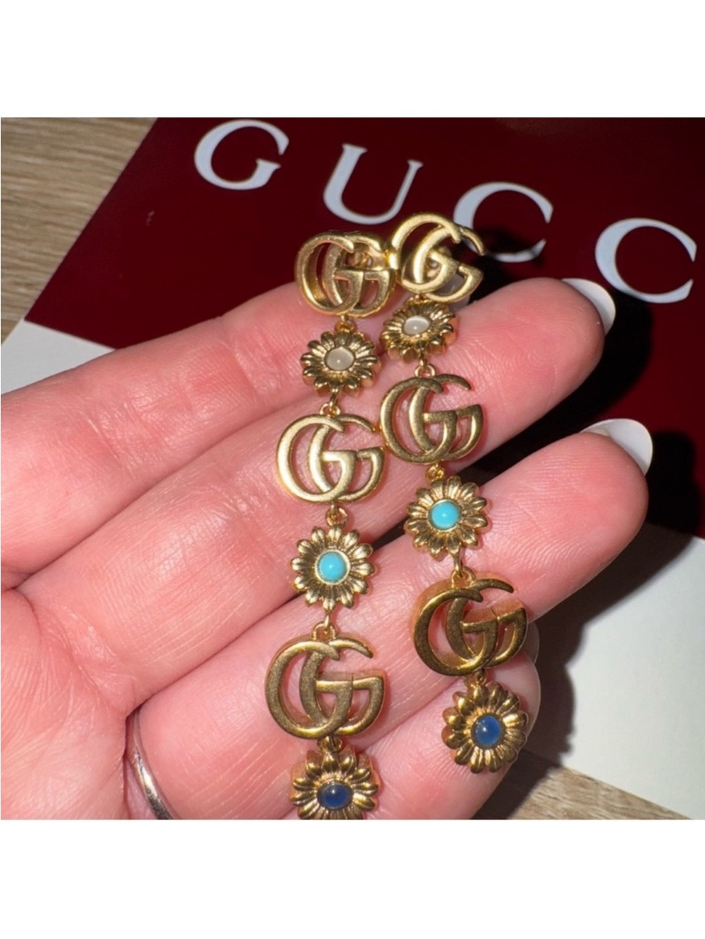 Gucci Gold-Tone GG Floral Drop Earrings with Turquoise & Navy Accents